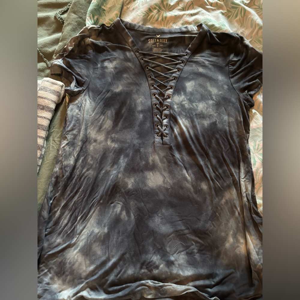 American Eagle Outfitters Black Tie-Dye Lace-Up Blouse